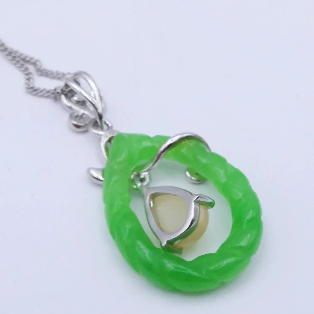 Djoy Sterling Silver Opal Carved Jade Platinum Plated Leaf Pendant Necklace 20in